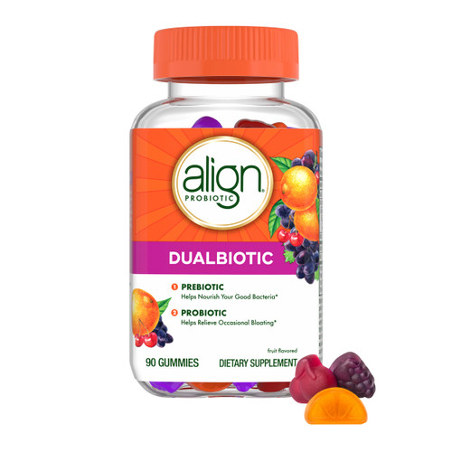 Align Dualbiotic, Prebiotics and Probiotics for Women and Men, Probiotics for Digestive Health, Prebiotics Help Nourish Good Bacteria, Natural Fruit Flavors, 90 Probiotic Gummies