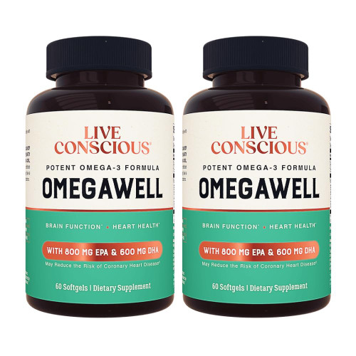 Live Conscious OmegaWell Fish Oil: Omega 3 | 800 mg EPA 600 mg DHA - Enteric-Coated, Sustainably Sourced - Easy to Swallow 120 Count (2-Pack)