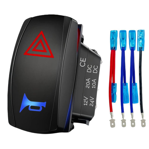 Hazard Warning (Latching) & Horn (Momentary) Rocker Switch, 12V 24V 7 Pin DPDT ON-Off-(ON) Waterproof Toggle Switch, with LED Backlit for Marine Car RV ATV Truck Yacht Ship Motorcycle (Without Panel)