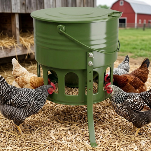 Metal Chicken Feeder No Waste - 20LB Large Chicken Feeder with 12 Ports & 4 Adjustable Heights Tripod Stand, Automatic Hanging Poultry Feeder, Rainproof for Backyard Chickens & Small Flocks