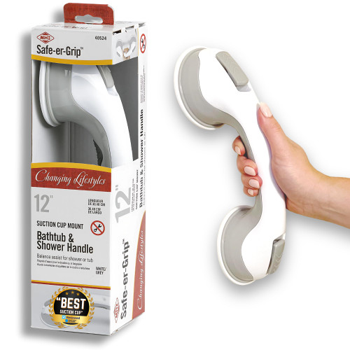 Safe-er-Grip Changing Lifestyles Suction Cup Grab Bars for Bathtubs and Showers; Safety Bathroom Assist Handle, White & Grey, 12 inches