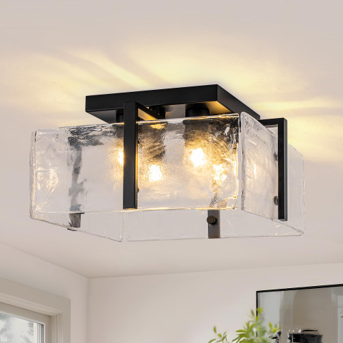 QMNHAU 14.2'' 4-Light Black Glass Semi Flush Mount Ceiling Light Fixture
