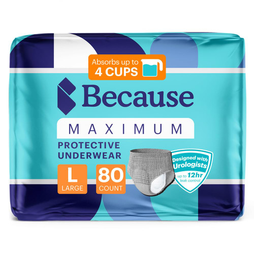 Because Maximum Incontinence Underwear for Men - Heavy Bladder Leak Protection, Ideal for Overnight Leakage, Sleek, Invisible Fit, Grey, Large - Absorbs 4 Cups - 80 Count (4 Packs of 20)