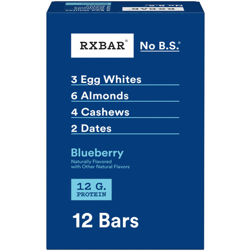 RXBAR Protein Bars, 12g Protein, Gluten Free Snacks, Blueberry, 22oz Box (12 Bars)