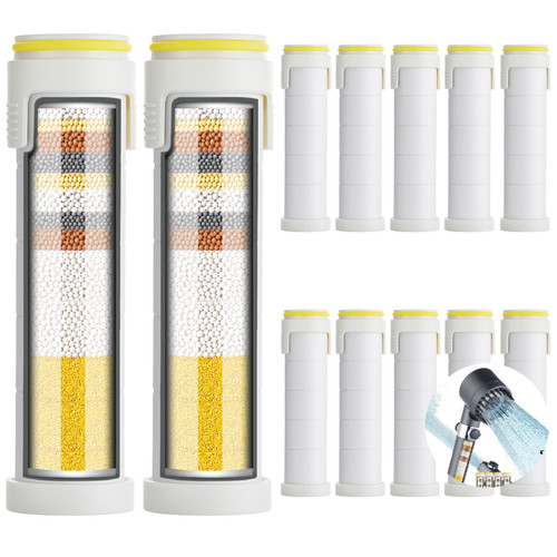 CWPW Shower head filter 12-pack,18-Stage Advanced Shower Filter Cartridge - Mineral Enrichment, Chlorine & Heavy Metal Removal, Skin & Hair Revitalization