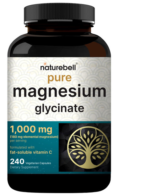 NatureBell Pure Magnesium Glycinate 1,000 mg, 240 Vegetarian Capsules | 1,000 mg Magnesium Glycinate Per Serving - Chelated Magnesium Form with Vitamin C – Non-GMO, Filler Free, cGMP Manufactured