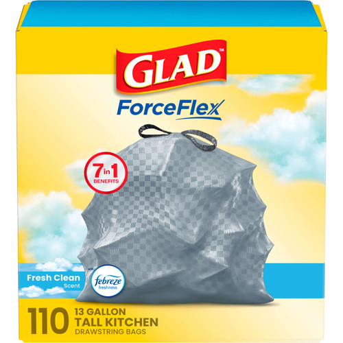 Glad Tall Kitchen Drawstring Trash Bags - Odorshield 13 Gallon White Trash Bag, Febreze Fresh Clean, 110 Count