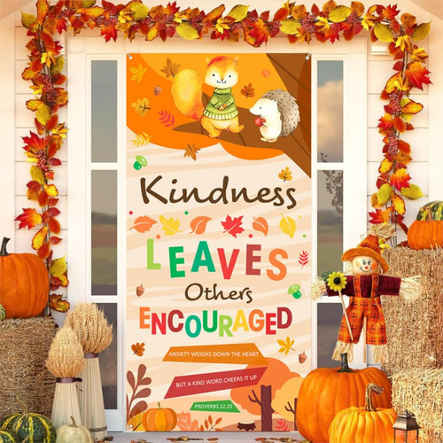 AIBIIN Fall Harvest Decorations, Kindness Leaves Others Encouraged Classroom Door Cover Banner Happy Fall Y'all Door Sign Fall Party Door Decorations 35.4 x 70.8 Inch
