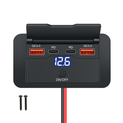 Keedin 96W 12V USB Outlet Panel Wall Mount–Dual 36W PD & Dual QC3.0 18W Car USB Charger Socket, Waterproof Switch, Surface Mount for RV, Boat, Truck, ATV, Marine