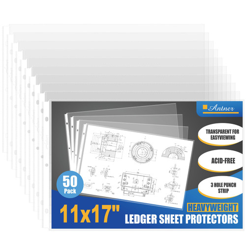 Antner 11x17 Inch Sheet Protectors (50-Pack) - Ledger Size Heavy Duty Clear Plastic Archival Sleeves, 3 Hole Punched for 3-Ring Binders, Side Loading Oversized Page Protectors for Documents Newspaper