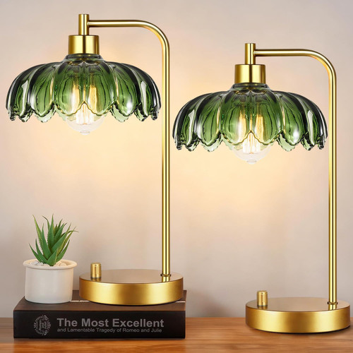 AHDWDW Gold Table Lamp for Living Room Bedroom Set of 2,Stepless Dimmable Bedside Lamps with Green Glass Shade,Industrial Nightstand Lamps for Office Home Decor(Bulb Included)