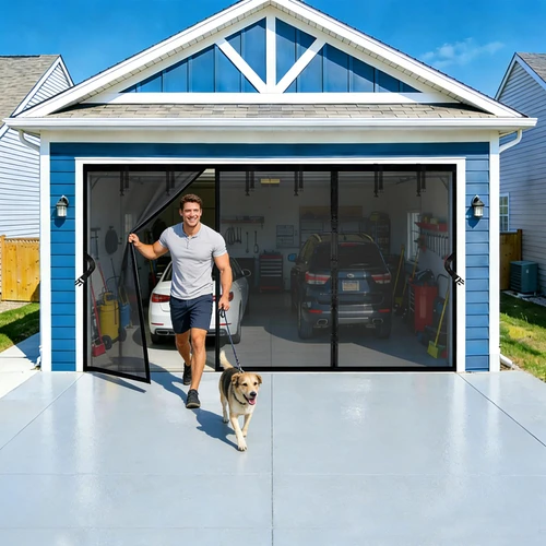 Magnetic Garage Door Screen 18x7 FT for 2 3 Car Garage, 18x7FT Fiberglass Screen Door, Heavy Duty Privacy Garage Net Screen, Hands-Free with 9 Roll Up Straps for Patio, Outdoor, Gym, Sun House Porch