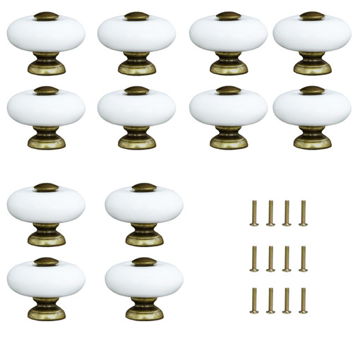 AUXBC 12Pcs 1.3" Ceramic Round Knobs, Antique Brass and Ceramic Cabinet Knobs, White Furniture Knobs, Single Hole Drawer Handle Pulls for Drawer Closet Dresser Cupboard Wardrobe Door Kitchen