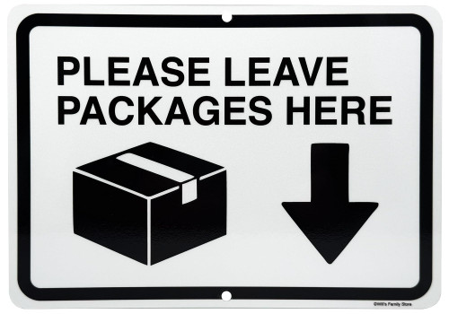 Please Leave Packages Here Sign – 10x7 inch Aluminum Sign, Black on White Delivery Sign with Arrow, Weatherproof Porch Sign