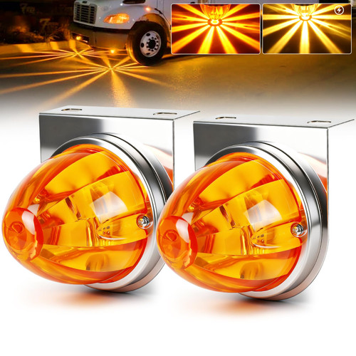2Pcs Amber Glass Lens Watermelon Lights with Stainless Steel Bracket, Strobe & Constant Dual-Function Waterproof, LED Marker for Kenworth Peterbilt Freightliner Trucks