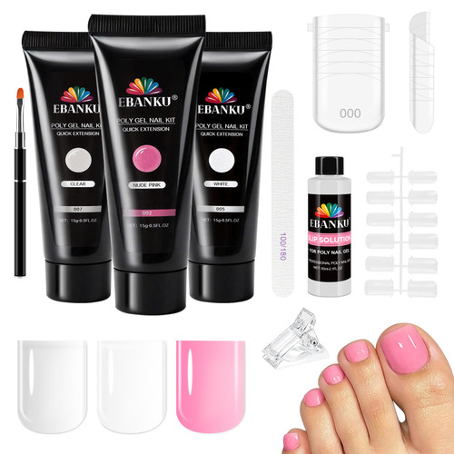 EBANKU Poly Gel Toenail Kit 3 Color Clear Pink White Poly Extension Nail
