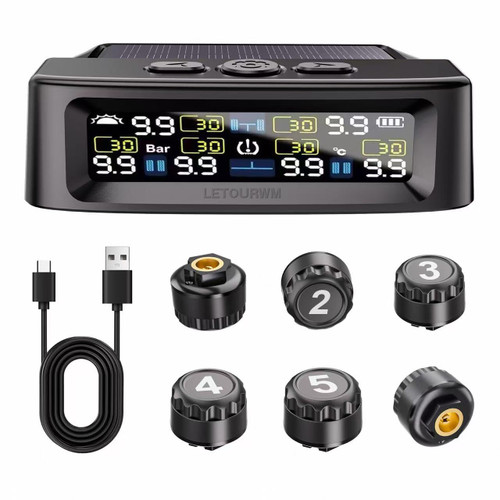 RV Tire Pressure Monitoring System -TPMS Tire Pressure Monitor with 6 Sensors,M12-3 TPMS Solar Charge & USB Color LCD Display, 0-9.9BAR/144PSI Range, 6 Alarm Modes for RV/Trailer/Truck IP67
