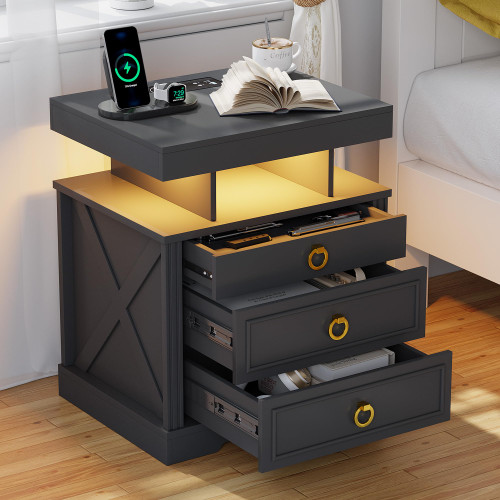 HNEBC Gun Nightstand with Charging Station&LED Lights for Bedroom,Black