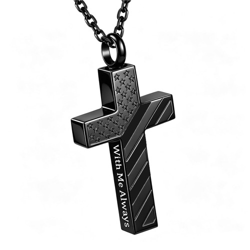 MOSURNSJWY Cremation Jewelry American Flag Cross Urn Necklaces for Men Women Human Ashes Religious Cross Keepsake Memorial Pendant, Black-With Me Always