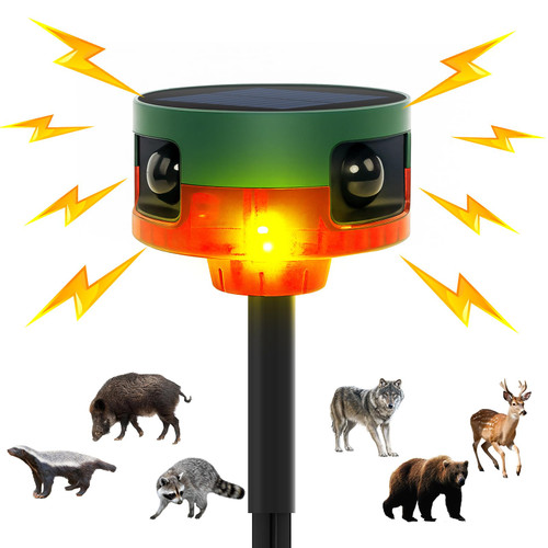 OUDAER Solar Outdoor Motion Sensor Alarm, 130dB Dog Barking & Gunshot Sound, 13 Sounds, Strobe Light, Support Recording, Keeps Unwanted Animals Away from Yard, Garden, or Farm