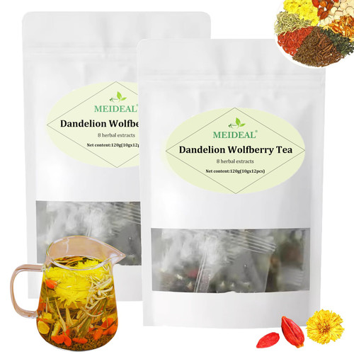 Dandelion Wolfberry Tea, 8 Natural Herbal Ingredients Blend, Dandelion Teabag, Natural Chinese Wolfberry Tea Bags, Chrysanthemunn Cassia Seed (2 Bags 24 Pcs)
