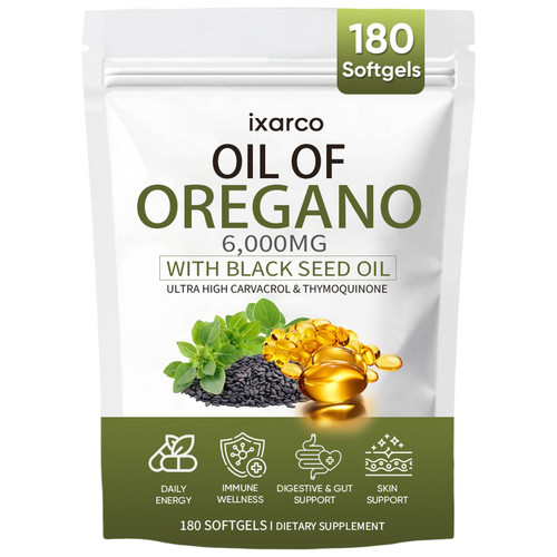 ixarco Oil of Oregano with Black Seed Oil, Oregano Oil Supplement for Immune Wellness, Gut & Digestive Health, Daily Energy, Non-GMO, Gluten Free, 180 Softgels (1)