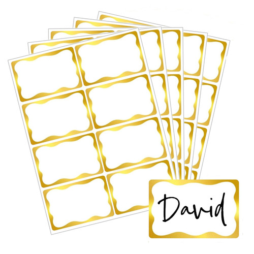 FatySuby Name Tags 200PCS, 2"x 3" Nametags Stickers with Gold Border Adhesive Name Tags Sticker Blank Name Labels for School Office Home, Metallic Gold