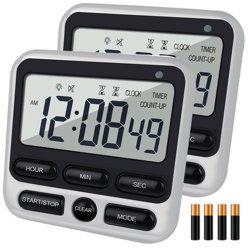 2-Pack Digital Dual Kitchen Timers with Magnet, 24-Hour Countdown & Stopwatch, Loud Alarm, 12/24H Clock, Calendar, Mute Mode, Visual Indicator, Batteries Included (Black)