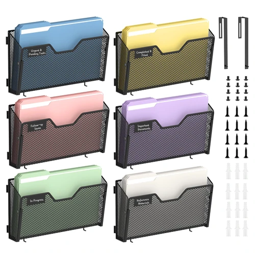 ReePlan Wall File Organizer, 6 Pack Metal Wall File Holders, Black