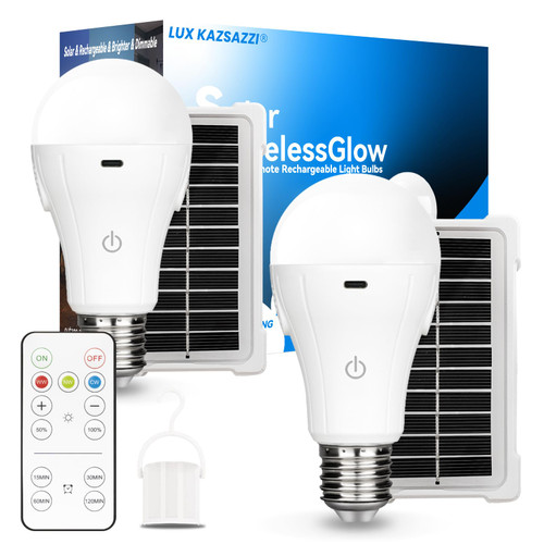 Solar & USB Rechargeable Light Bulbs With Remote + Touch Control, 3 Colors & Dimmable, Large Solar Panel 1800mAh Battery Powered Light Bulb, Battery Light Bulbs Indoor For Home Camping Shed