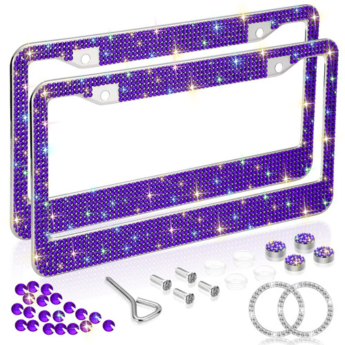 Bling License Plate Frames for Women 2 Pack, Rhinestone Crystal License Plate Cover with Bolts Washer Caps Univerasl Bling Car Accessories for Girls (Purple)