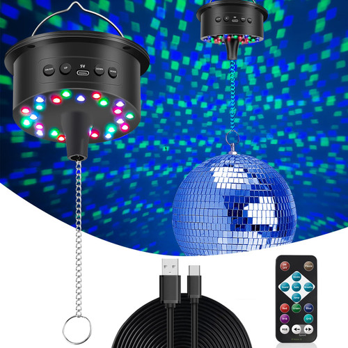 Disco Ball Motor with 17FT USB Cable, 3-15 RPM & 30 LEDs Disco Ball Motor with Remote for 4" 6" 8" 12" Balls for Party Wedding (USB/Battery Powered and No Ball)