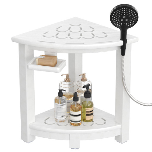 NALONE Corner Shower Stool, HDPE Shower Bench for Inside Shower, Small Shower Chair Seat for Shaving Legs with Storage Shelf, Soap Box and No-Slip Feet (White)