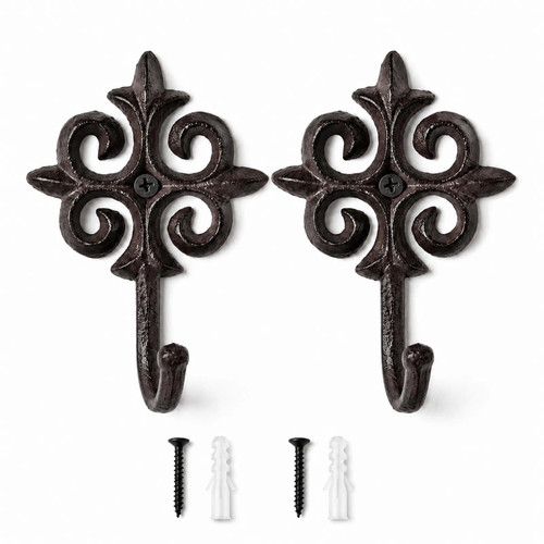 iobiotio 2 Pack Small Cast Iron Hooks for Wall, Vintage Coat Hooks, Black