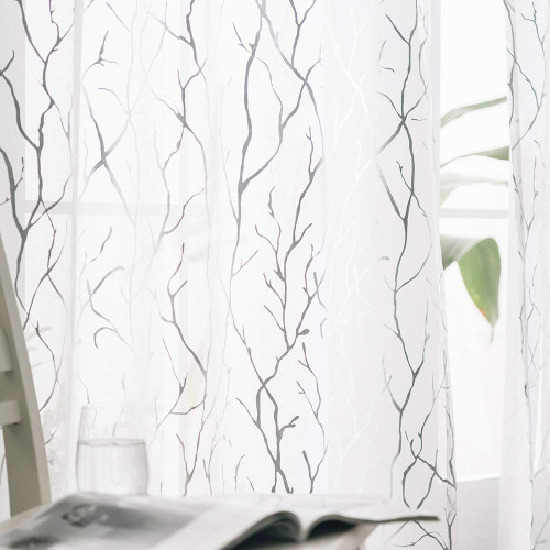 FINECITY Silver Branch White Sheer Curtains W52 x L63 Inch, 2 Panels