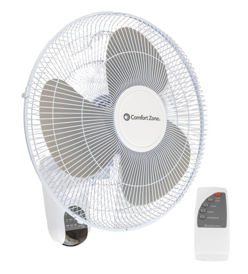 Comfort Zone Oscillating Wall Mount Fan with Remote Control, Timer, Auto Shut Off, Adjustable Tilt, Quiet, 16 inch, 3 Speed, Ideal for Home, Bedroom, Gym & Office, Airflow 14.07 ft/sec, CZ16WR