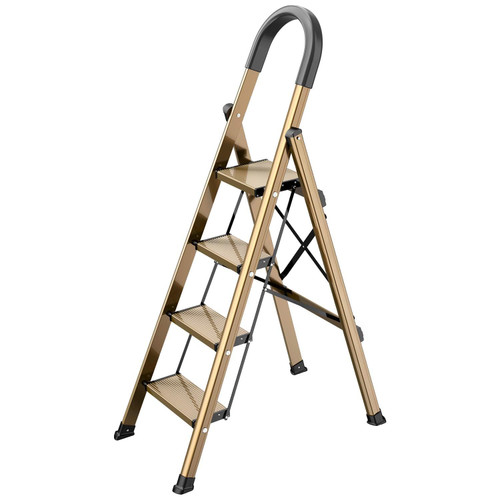 GameGem 4 Step Ladder for 8ft Ceiling,Folding Step Stool, Brown Gold
