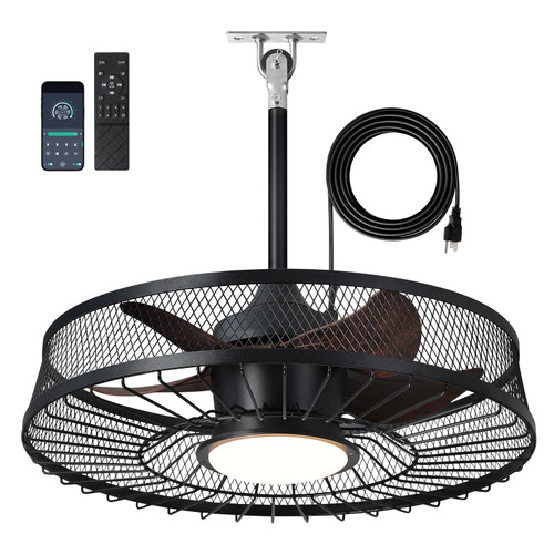 22" Outdoor Ceiling Fan with Lights, IP44 Waterproof Plug in Caged Fan with Remote & APP Control, 3CCT Dimmable 6-Speeds Reversible DC Motor, Wood Finish Gazebo Fan for Patio Porch Pergola Canopy