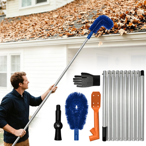 Longtor 12.9ft Aluminum Gutter Cleaning Tools with Brush & Scoop No Ladder