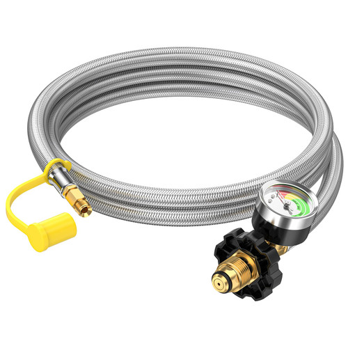 6ft Propane Tank Hose Extension with Gauge, POL x 1/4" Inverted Male Flare, Braided Supply Propane Tank Pigtail Hose, for 5-100lb Propane Tank Connection Extend a Stay RV Propane Kit, Dual Regulator