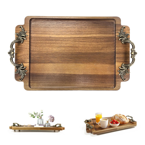 Vintage Wooden Tray with Handles for Coffee Table Centerpiece(15.3"x 9.8")