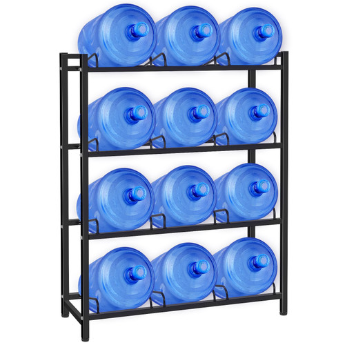 jolybebe 5 Gallon Water Jug Holder for 12 Bottles Without Wobbling, New Upgraded Heavy Duty 4 Tier Thicken Water Bottle Storage Rack for Home, Office, Kitchen, Warehouse, Garages Black