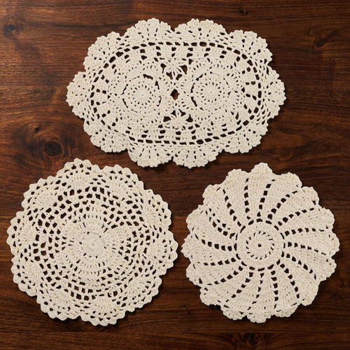 3PCS Handmade Crochet Cotton Lace Doilies for Table, Vintage French Crochet Lace Doilies 7 to 13 Inch Embroidered Oval & Round Table Mats Placemats for Dining Tea Party Wedding Home Decoration (Beige)