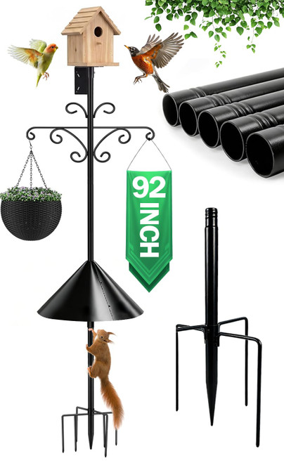 92 Inch Squirrel Proof Bird Feeder Pole, Heavy Duty Bird Feeder Stand, Adjustable Shepherds Hooks for Outdoor with Squirrel Baffle Birdbath Tray for Garden Attracting Wild Birds