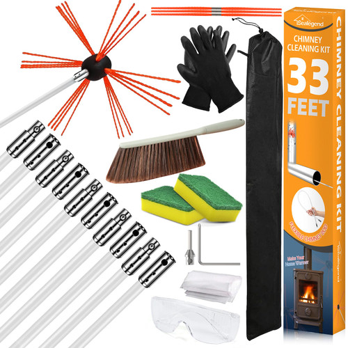 Sealegend 33 Feet Chimney Sweep Kit 10 Flexible Rods for Fireplace Cleaning