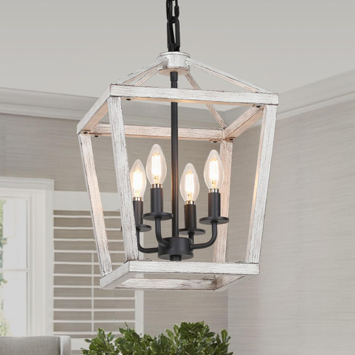 4 Light Rustic Chandelier, Farmhouse Lantern Light, Brushed White Oak Cage