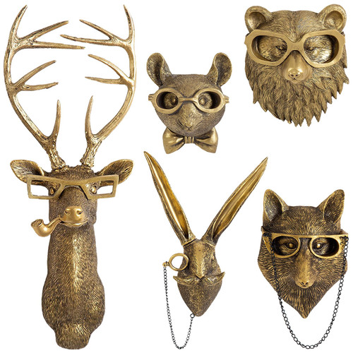 GUASDIE Animal Heads Wall Decor, Gold Faux Deer Head Mount, Animal Sculptures Wall Decor, Vintage Resin Hanging Decoration for Living Room Bedroom Kitchen Office Gift,5pcs