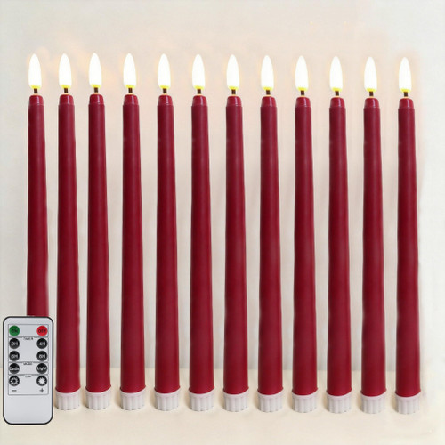 Burgundy Flameless Taper Candles with Remote, LED Candlesticks Set of 12