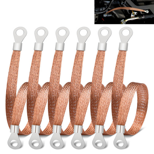 6 PCS Universal Automotive Braided Copper Ground Strap, 12 Inch Engine Ground Strap Kit with Terminal Plugs, Copper Braided Ground Strap Wire for Most Vehicle Cars Engine (Copper Braided)