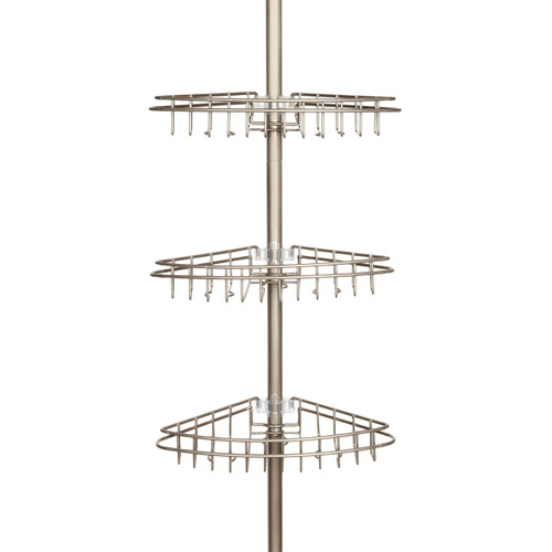 Kenney KN61520 Adjustable Height (5'-9') Spring Tension Metal Corner Pole Shower Caddy with 3 Adjustable Rust-Proof Basket Shelves, Towel Bars, and Razor Holders for Bathroom Shower, Satin Nickel